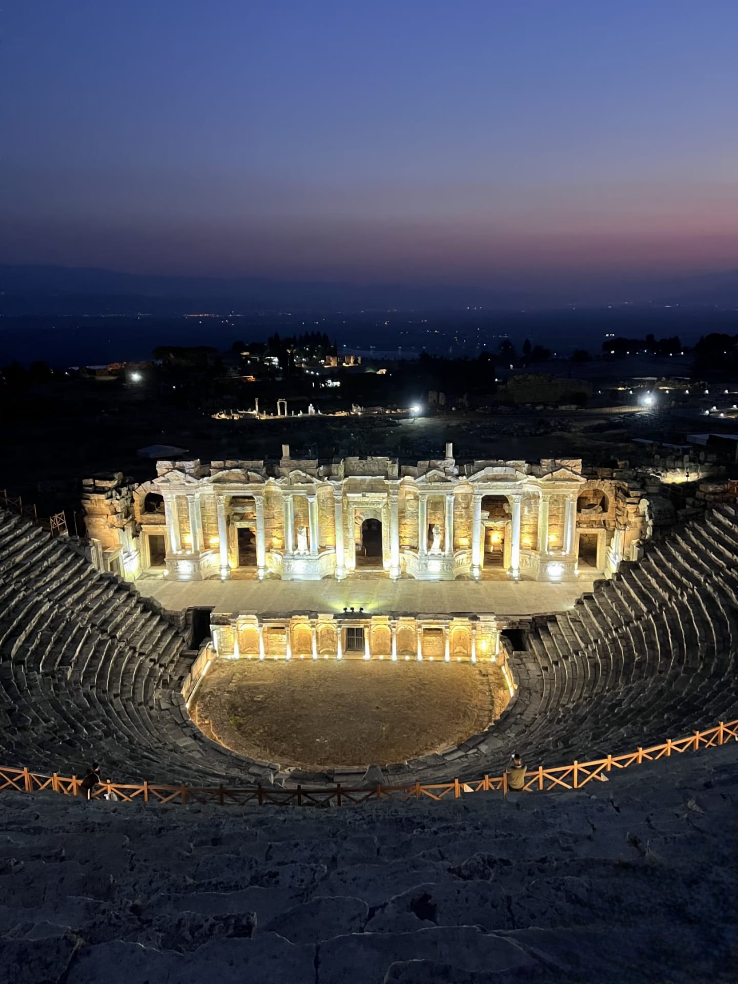Illuminated Hierapolis Roman theater at dusk in Pamukkale Denizli